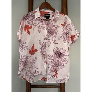 Rachel Roy Linen Floral Button Down Short Sleeve Top, White Pink, Size M